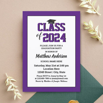 Class Of 2024 Elegant Royal Purple Graduation Invitation by littleteapotdesigns at Zazzle