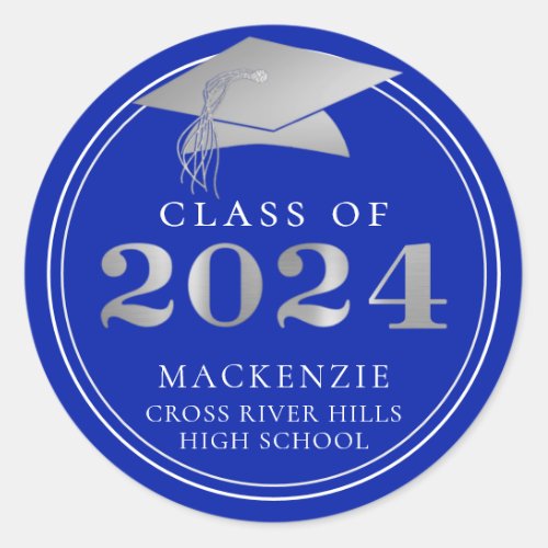 Class of 2024 Elegant Royal Silver Personalized Classic Round Sticker