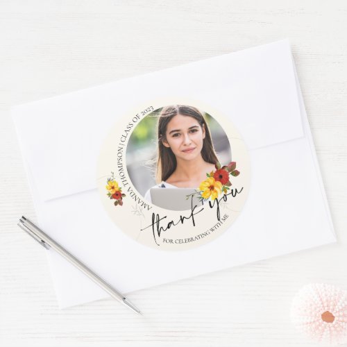 Class Of 2024 Floral Photo Graduation Thank You Classic Round Sticker