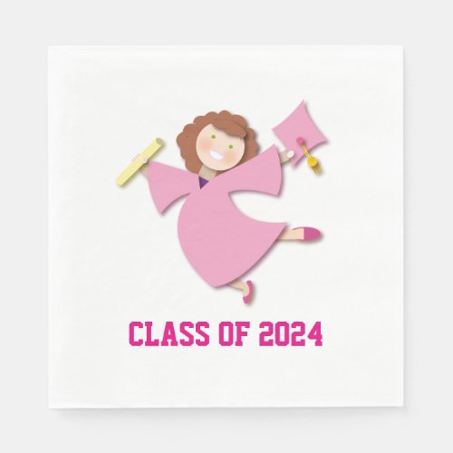 Class of 2024 Girl Grad Pink Cap  Gown Cartoon Napkins