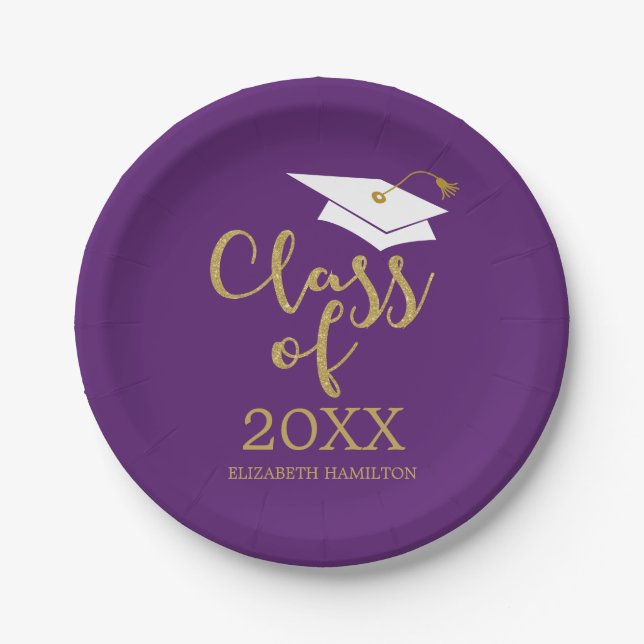 Class of 2024 Gold Glitter Calligraphy Purple Paper Plates (Front)