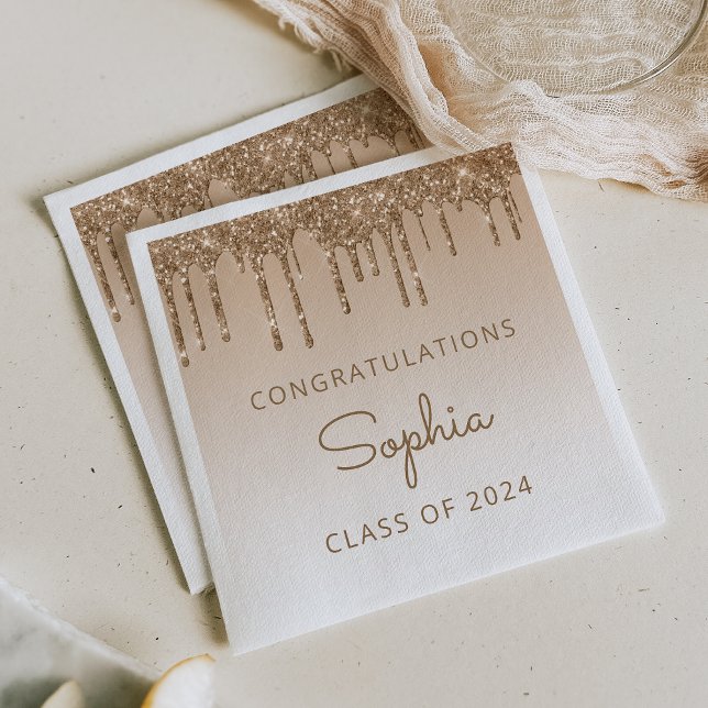 Class of 2024 Gold Glitter Drip Graduation Napkins (Creator Uploaded)