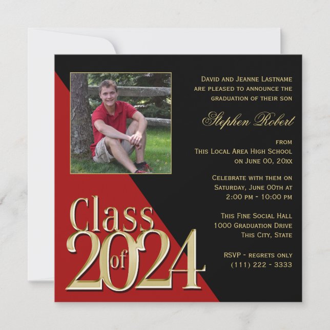 Class of 2024 Gold Grad Red and Black with Photo Invitation (Front)