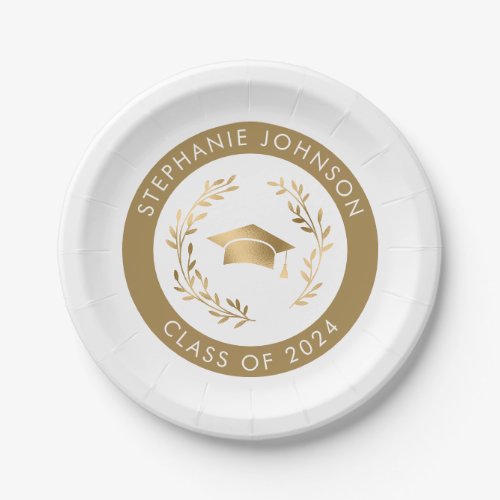 Class of 2024 Gold on White Graduation Party Paper Plates