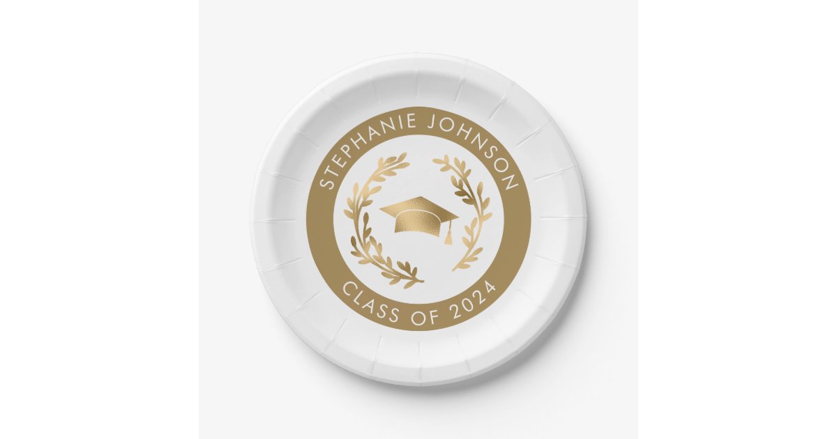 Class of 2024 Gold on White Graduation Party Paper Plates | Zazzle