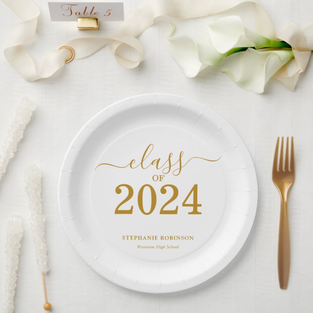 Class of 2024 Gold Script Graduation   Paper Plates (Wedding)