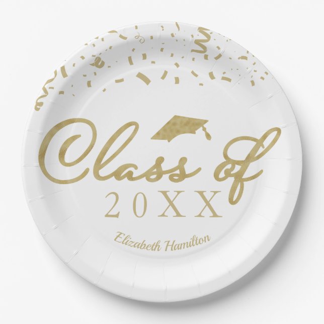 Class Of 2024 Gold Script Graduation Party White Paper Plates (Front)