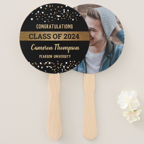 Class of 2024 gold white confetti Graduate photo Hand Fan