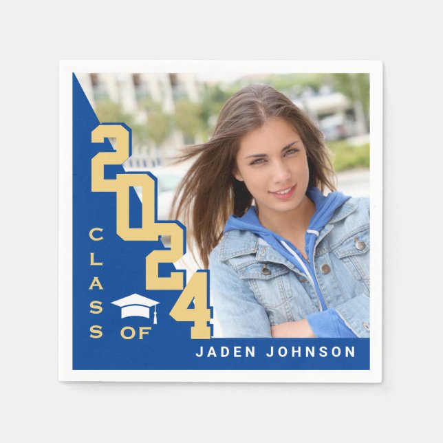Class of 2024 Golden Blue PHOTO Graduation Party Napkins (Front)