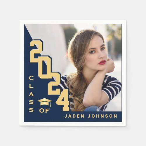 Class of 2024 Golden Navy PHOTO Graduation Party Napkins