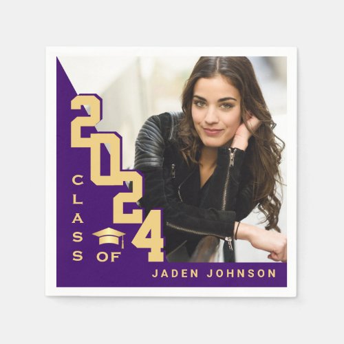 Class of 2024 Golden Purple PHOTO Graduation Party Napkins