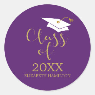 Class of 2024 Grad Cap Gold Glitter Calligraphy Classic Round Sticker