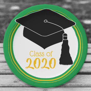 Class of 2024 Grad Cap Green and Gold Paper Plates