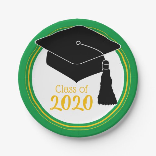 Class of 2024 Grad Cap Green and Gold Paper Plates