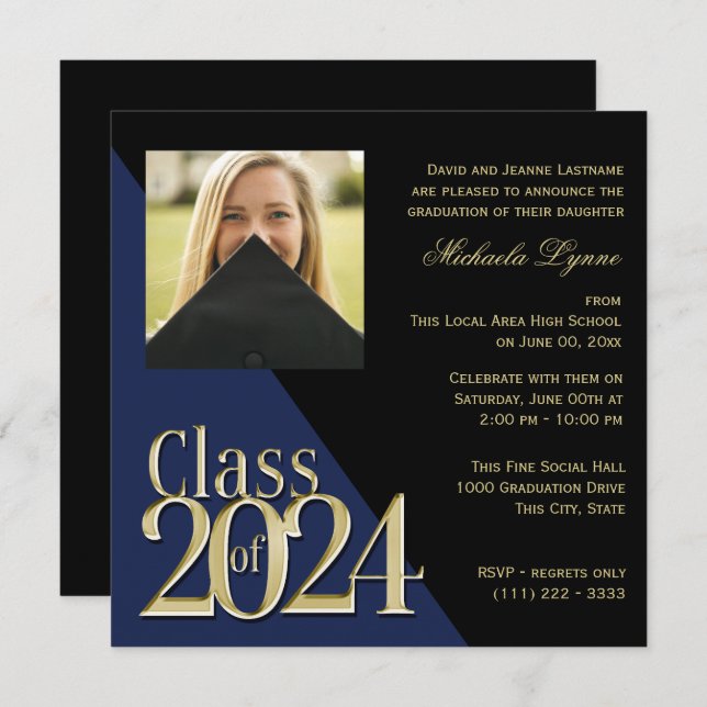 Class of 2024 Grad Gold and Blue with Photo Invitation (Front/Back)