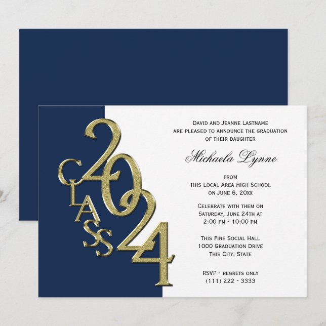 Class of 2024 Grad Gold and Navy Blue Invitation (Front/Back)
