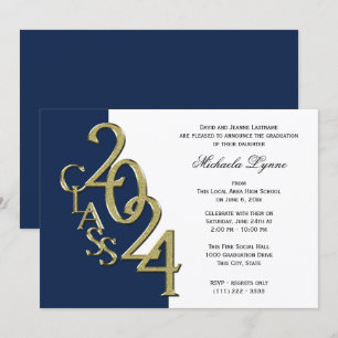Class of 2024 Grad Gold and Navy Blue Invitation