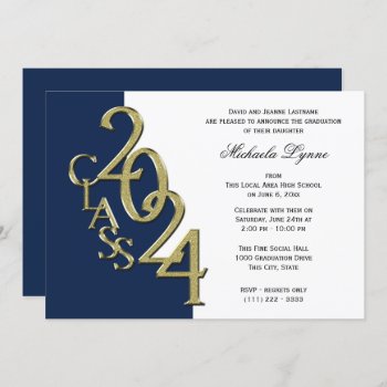 Class Of 2024 Grad Gold And Navy Blue Invitation by happygotimes at Zazzle
