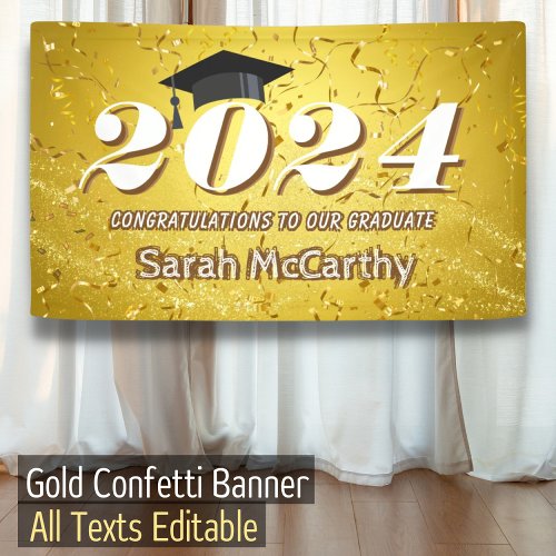 Class of 2024 Grad Gold Confetti Graduation Party Banner