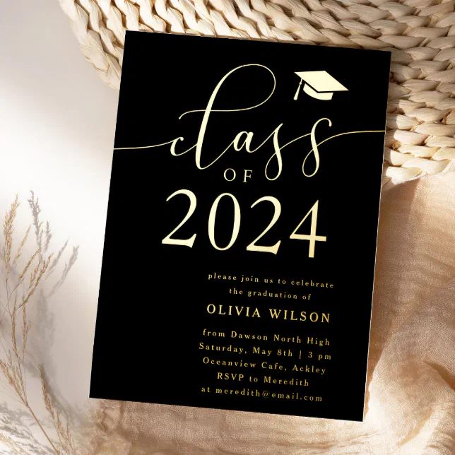 Class of 2024 Grad Party Black Gold Foil Invitation | Zazzle