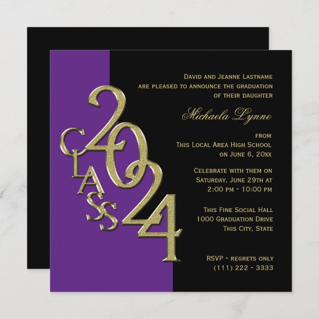 Class of 2024 Grad Purple and Gold Invitation (Front/Back)