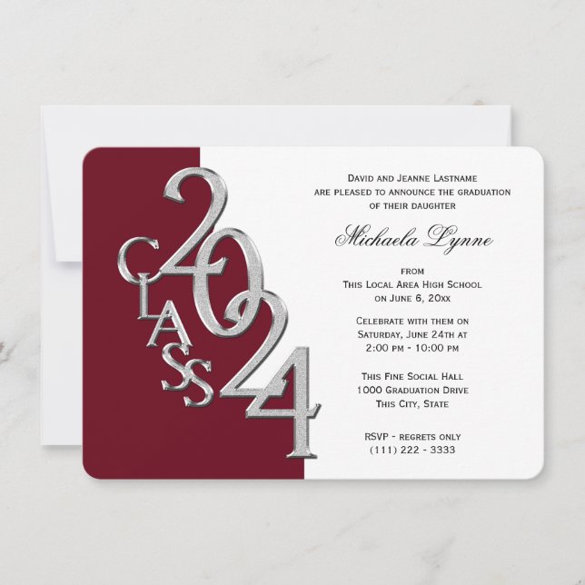 Class of 2024 Grad Silver and Burgundy Invitation (Front)