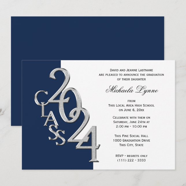 Class of 2024 Grad Silver and Navy Blue Invitation (Front/Back)