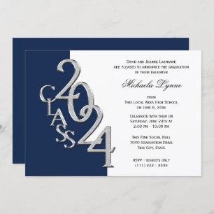 Class of 2024 Grad Silver and Navy Blue Invitation