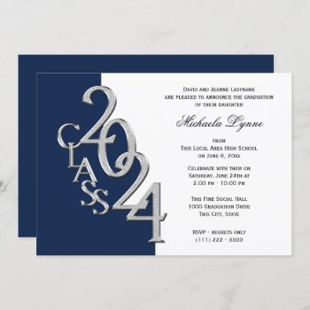 Class Of 2024 Grad Silver And Navy Blue Invitation by happygotimes at Zazzle