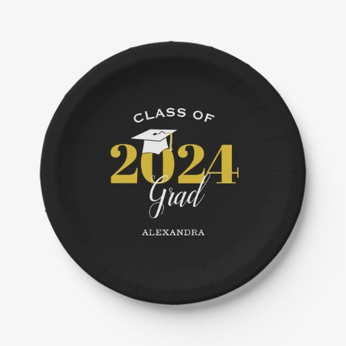 Class of 2024 Grad Simple Black and Gold Paper Plates