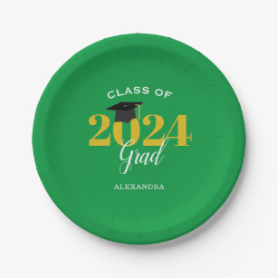 Class of 2024 Grad Simple Green and Gold Paper Plates