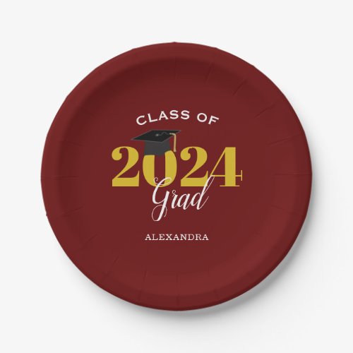 Class of 2024 Grad Simple Maroon and Gold Paper Plates