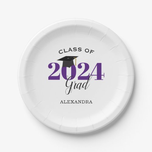 Class of 2024 Grad Simple Purple and Black Paper Plates