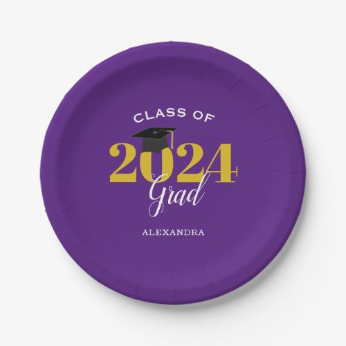 Class of 2024 Grad Simple Purple and Gold Paper Plates