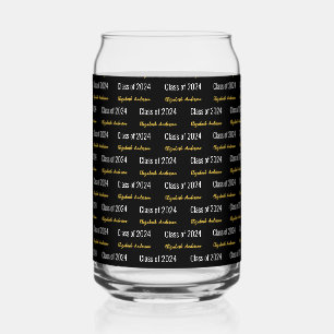 Class of 2024 Grad's Full Name Black White Gold Can Glass