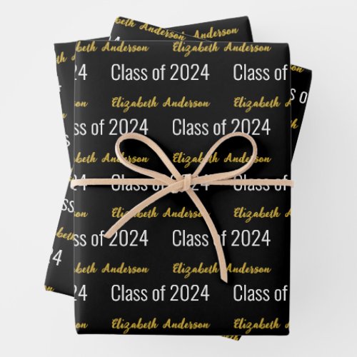 Class of 2024 Grads Full Name Black White Gold Wrapping Paper Sheets