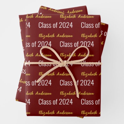 Class of 2024 Grads Full Name Dark Red White Gold Wrapping Paper Sheets