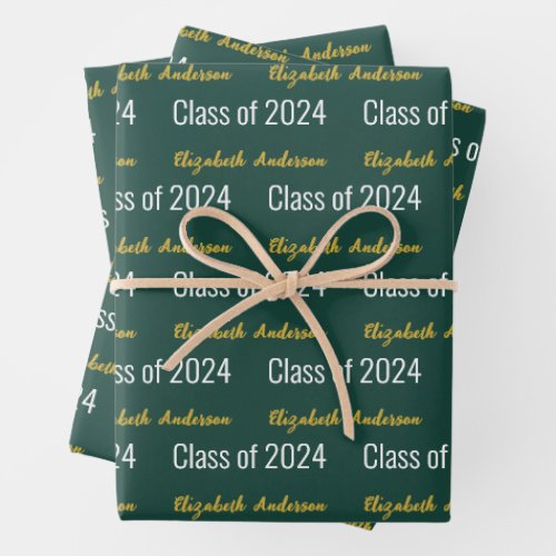 Class of 2024 Grads Full Name Deep Green White  Wrapping Paper Sheets