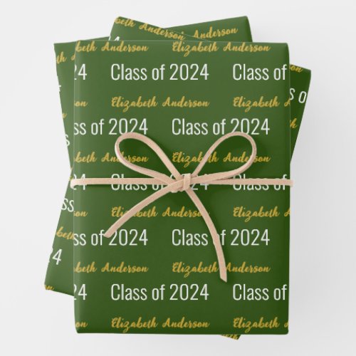 Class of 2024 Grads Full Name Green White Gold Wrapping Paper Sheets