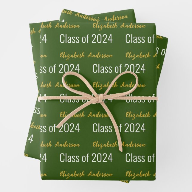 Class of 2024 Grads Full Name Green White Gold Wrapping Paper Sheets (In situ)