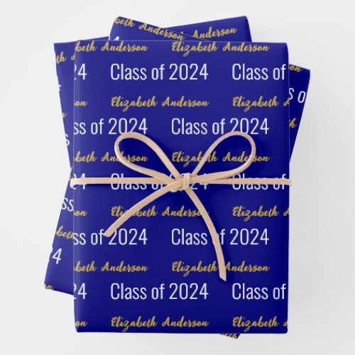 Class of 2024 Grads Full Name Navy Blue White Gold Wrapping Paper Sheets