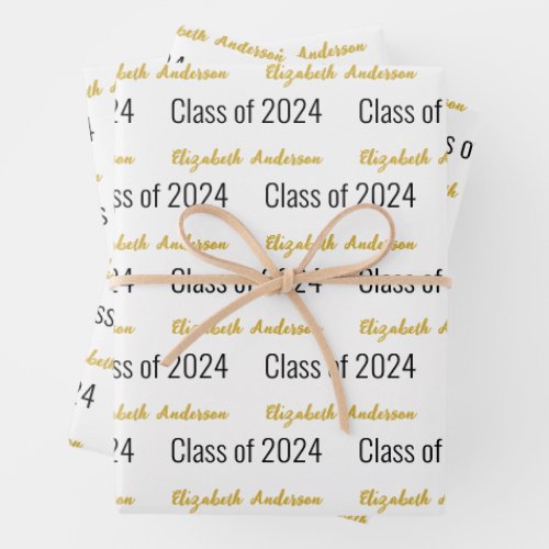 Class of 2024 Grads Full Name White Black Gold Wrapping Paper Sheets