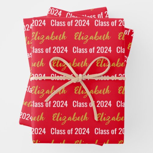 Class of 2024 Grads Name Red Black White Gold Wrapping Paper Sheets