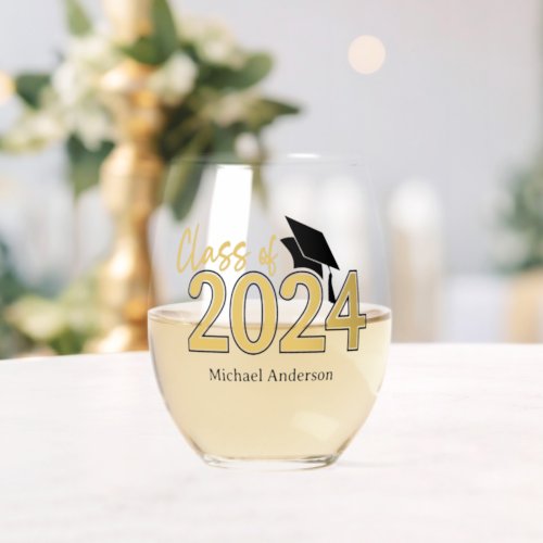 Class of 2024 Graduate Cap Gold Black Stemless Wine Glass