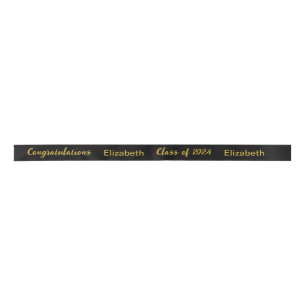 Class of 2024 Graduate Name Black and Gold Script Satin Ribbon