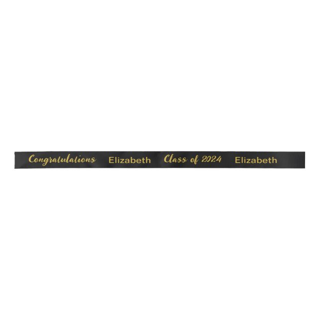 Class of 2024 Graduate Name Black and Gold Script Satin Ribbon (Front)