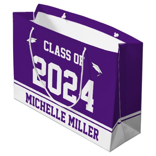 Class of 2024 Graduate Name Royal Purple and White Large Gift Bag
