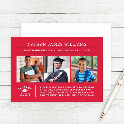 Class of 2024 Graduate Red 3 Photo Graduation Invitation