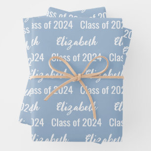 Class of 2024 Graduate's Name Baby Blue and White Wrapping Paper Sheets