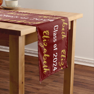 Class of 2024 Graduate's Name Dark Red White Gold Short Table Runner